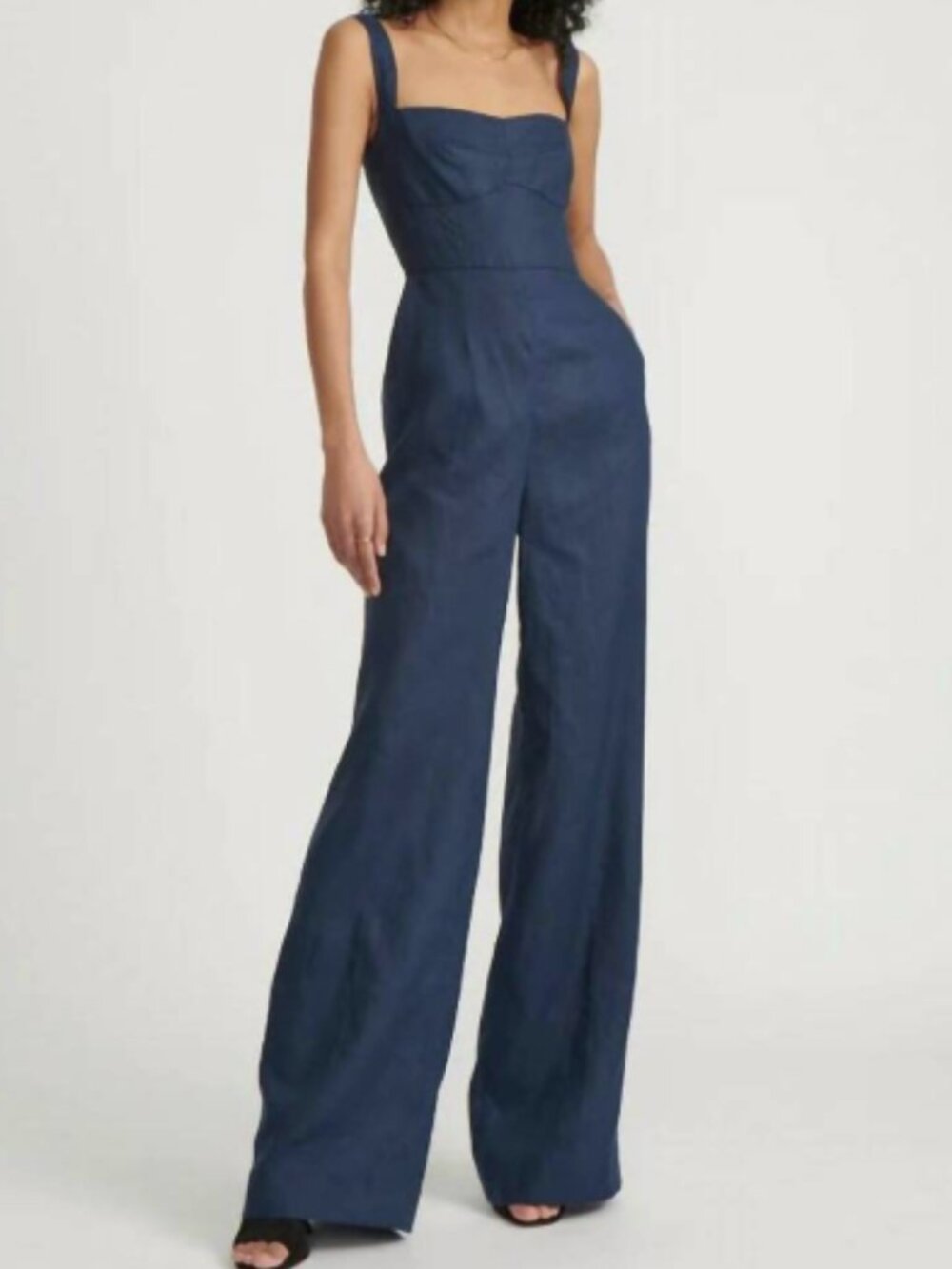 Saloni Rachel Navy Blue Sleeveless Linen Wide Leg Jumpsuit 6